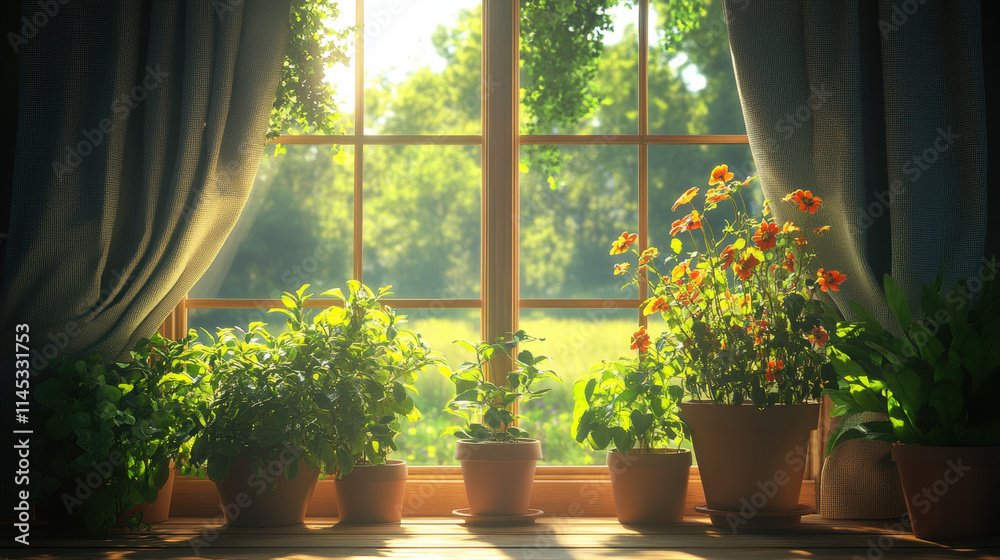 A sunny window with potted plants and flowers, morning light shining through the curtains. The background is an open field of trees A sunny window with potted plants and flowers, morning light shining through the curtains. The background is an open field of trees