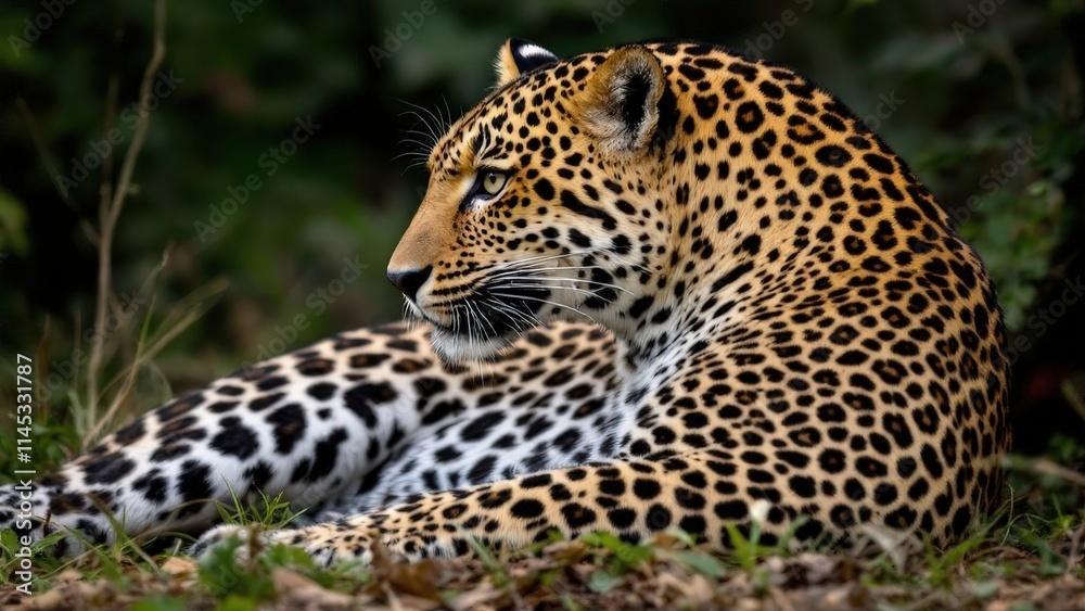 Majestic Leopard Resting Gracefully in Lush Green Habitat Majestic Leopard Resting Gracefully in Lush Green Habitat