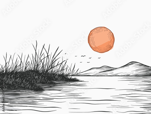 white background, Sunset over a calm lake - isolate on a tranquil lake background., drawings in pencil easy, very simple and isolate in the style of animated illustrations, white background