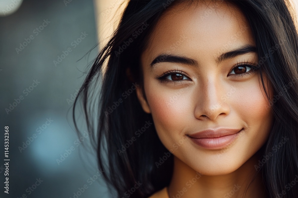 Close-up view of a young woman with long dark hair smiling warmly against a blurred background in natural light