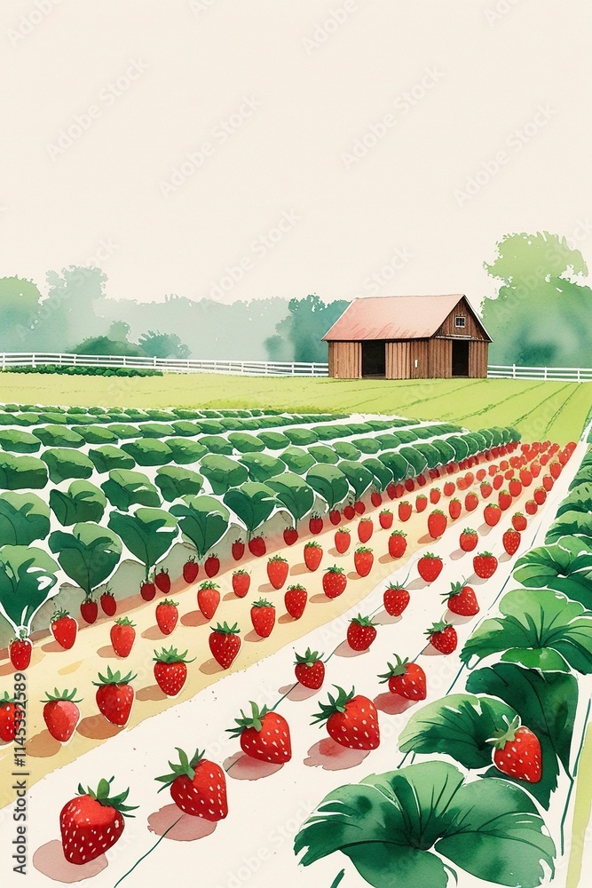 Fototapeta premium hand-drawn illustration of a strawberry farm in a watercolor style, featuring neat rows of green plants with bright red strawberries