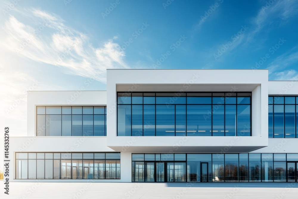 Modern architectural design featuring large glass windows against a clear blue sky