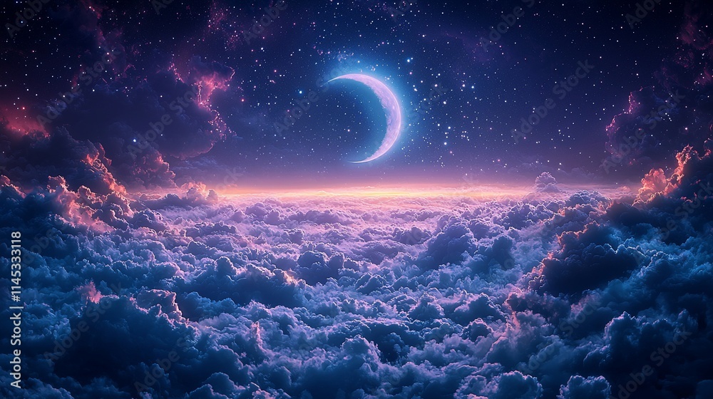 Crescent moon above a sea of clouds at night. Crescent moon above a sea of clouds at night.