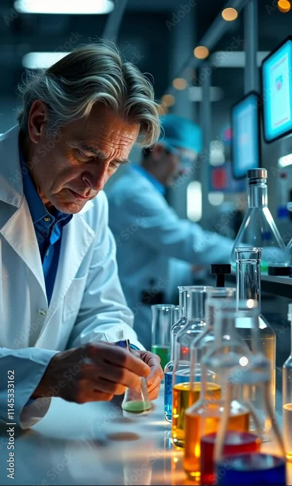 Scientist in a lab coat carefully handling colorful test tubes showcasing research and scientific exploration Scientist in a lab coat carefully handling colorful test tubes showcasing research and scientific exploration