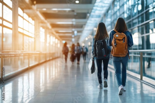 Young women travel through a modern airport corridor during bright afternoon light photo