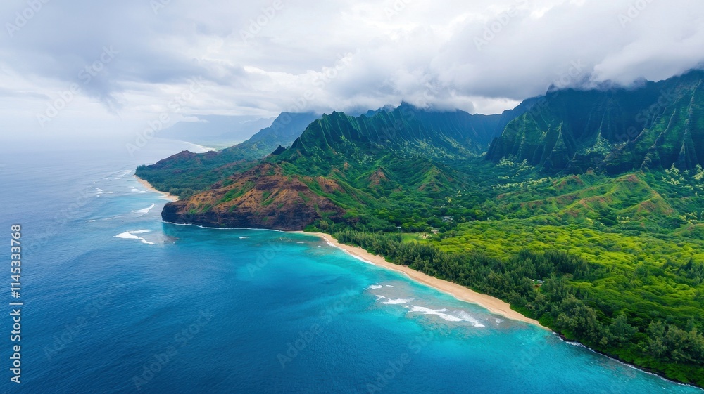Stunning Aerial View Kauai s Lush Mountains Turquoise Ocean Sandy Beach Stunning Aerial View Kauai s Lush Mountains Turquoise Ocean Sandy Beach