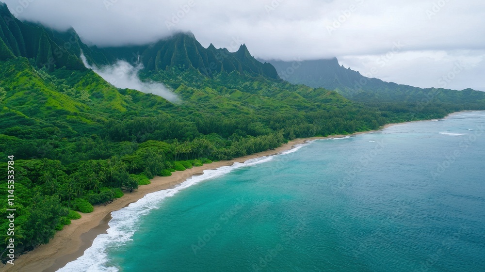 Lush Tropical Coastline Misty Mountains Ocean View Aerial Photography Lush Tropical Coastline Misty Mountains Ocean View Aerial Photography