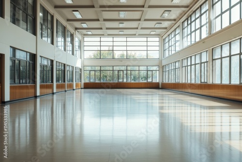 Empty indoor space with large windows and polished floor creates a serene atmosphere for activities and gatherings