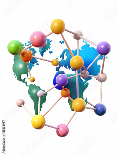 Abstract map with interconnected points of different colors and copy space concept as A soft abstract image depicts a map with interconnected points in various colors symbolizing global connections in