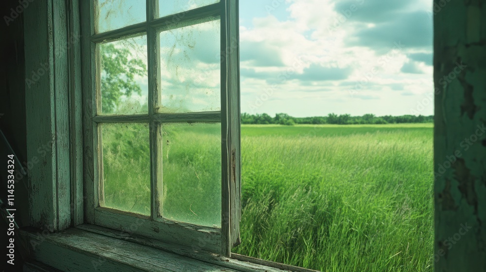 Fototapeta premium Rustic window view of a grassy field.