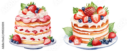 Birthday cakes with cream and berries decor. Sweet festive dessert with strawberry. Delicious confectionery treat, pastry isolated on white background. Hand drawn watercolor painting