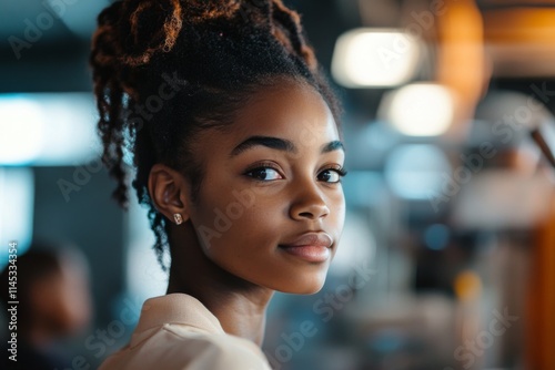 Young woman with stylish hair poses confidently in a modern urban setting during daytime