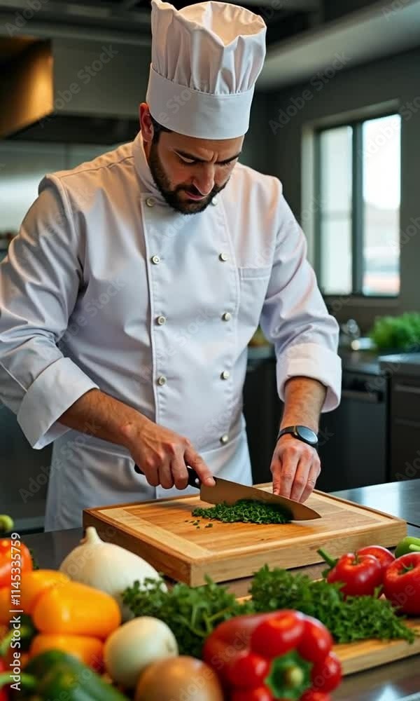Professional chef slicing fresh vegetables in a bright kitchen showcasing culinary skills and precision Professional chef slicing fresh vegetables in a bright kitchen showcasing culinary skills and precision