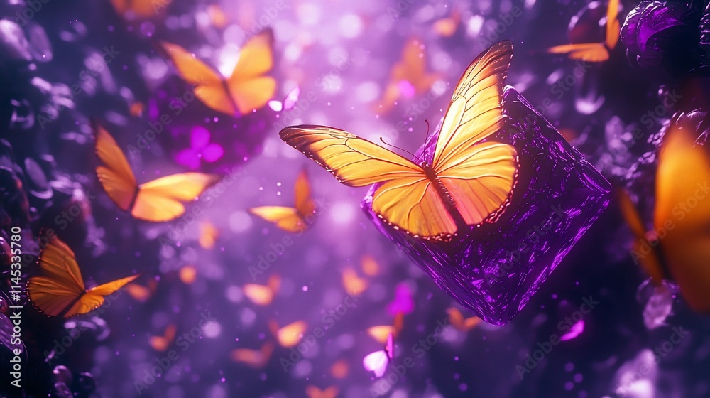 Fototapeta premium Golden butterflies flutter around glowing purple crystals.