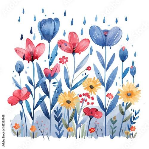 A watercolor drawing of spring rain washing over flowers, isolated on a white background. Spring rain washing over flowers vector.
