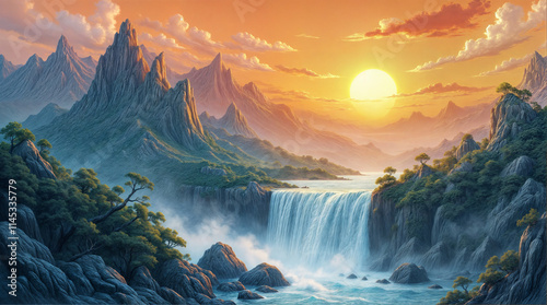 mountains and waterfalls in korea sun