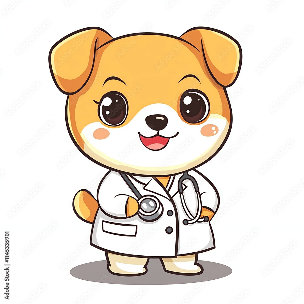 Fototapeta premium Kawaii 2D cartoon vector dog dressed as a doctor, holding a stethoscope, cute expression, white background. 