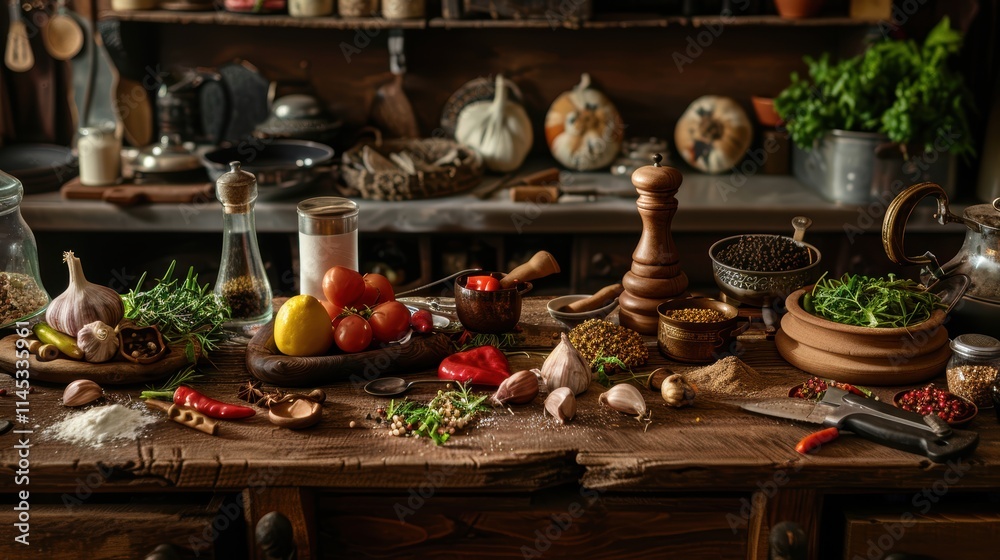 Fototapeta premium Fresh Ingredients and Spices on Wooden Rustic Kitchen Table