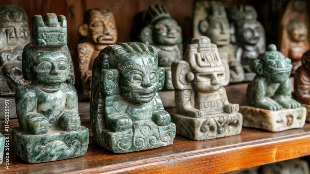 Ancient Stone Sculptures Displayed on Wooden Shelf in Workshop Ancient Stone Sculptures Displayed on Wooden Shelf in Workshop