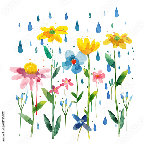 A watercolor drawing of spring rain washing over flowers, isolated on a white background. Spring rain washing over flowers vector.
