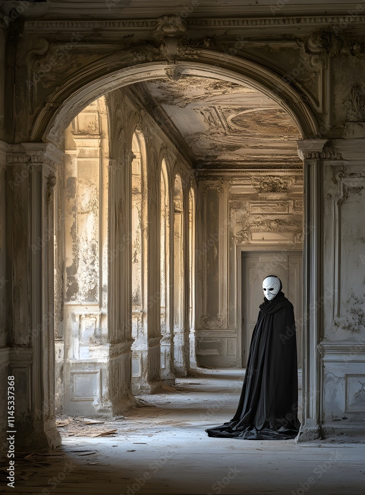 A figure wearing a white mask and a black cloak stands in the hall of an old Italian palace, in a hyper-realistic photographic style. A figure wearing a white mask and a black cloak stands in the hall of an old Italian palace, in a hyper-realistic photographic style.