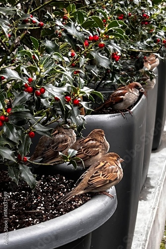 Birds on the red holly tree pot