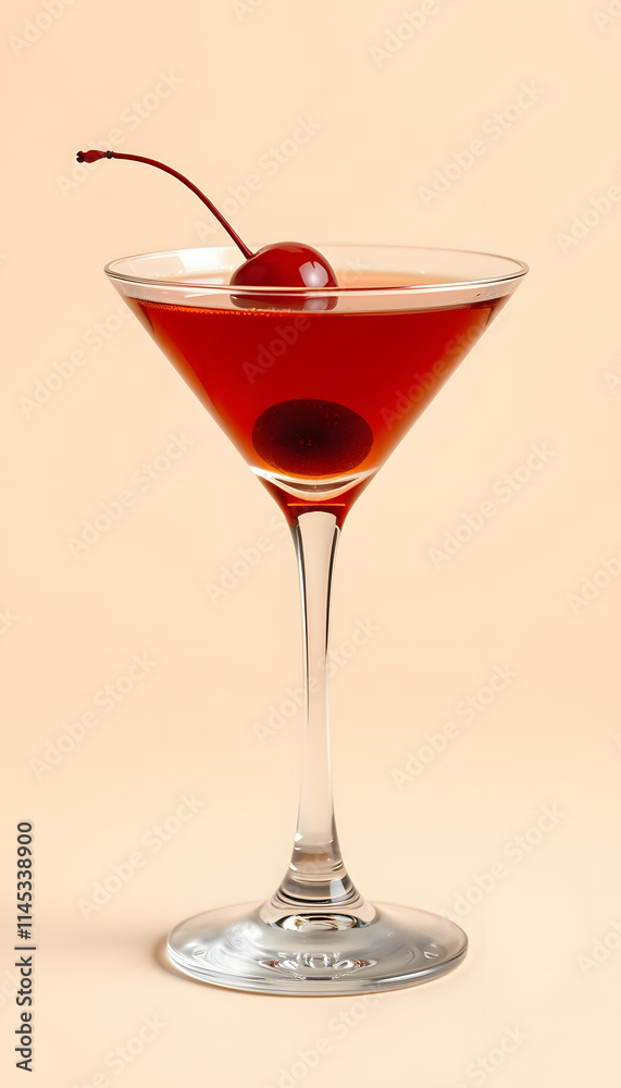 Manhattan alcoholic cocktail drink with whiskey, red vermouth and cherry in martini glass. Beige background. isolated with white highlights