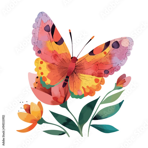 A watercolor clipart of a springtime butterfly on a blooming flower, isolated on a white background. Springtime butterfly on a blooming flower vector.
