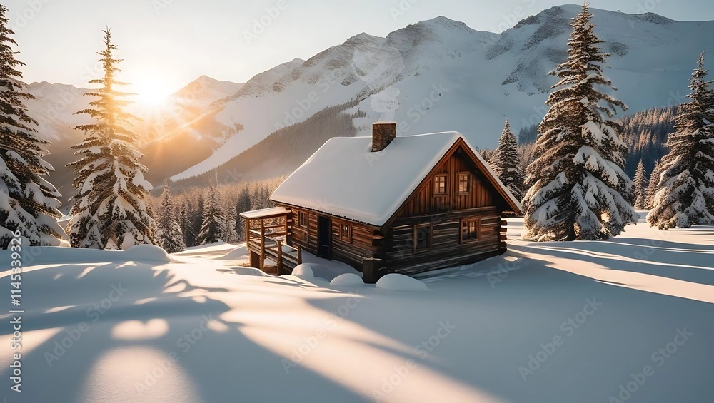 Naklejka premium Rustic Cabin in Snowy Mountain Landscape at Sunrise, Cozy Winter Retreat in Forest, Serene Nature Scene with Snow-Covered Trees, Remote Getaway in Winter Wonderland