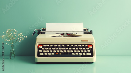 A classic vintage typewriter in cream tones, set against a teal background, accompanied by a vase of baby's breath flowers, creating a serene and nostalgic composition. photo