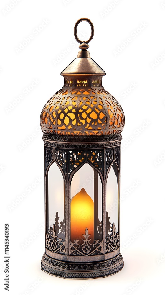 Ornate Metal Lantern with Illuminated Candle Inside