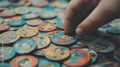 A nostalgic collection of colorful 90s Tazos featuring cartoon characters, scattered across a table, with a hand picking one up, evoking childhood memories and playful charm. photo