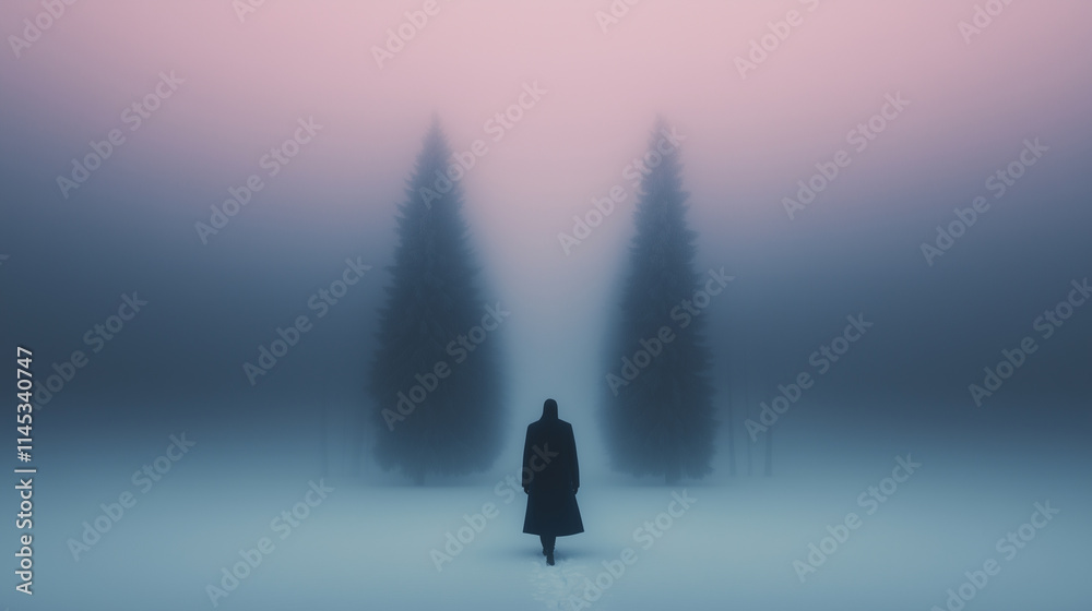 Fototapeta premium A solitary figure in a dark coat walks through a snow-covered landscape towards two towering pine trees, enveloped in a soft mist under a pink and blue twilight sky.