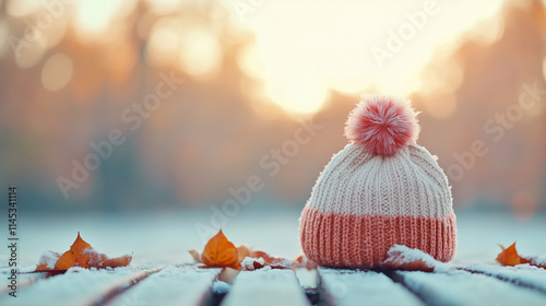 A soft knit hat with a fluffy pom-pom in pastel shades sits on a snow-dusted wooden bench, surrounded by scattered autumn leaves under a warm, glowing sunset sky. photo