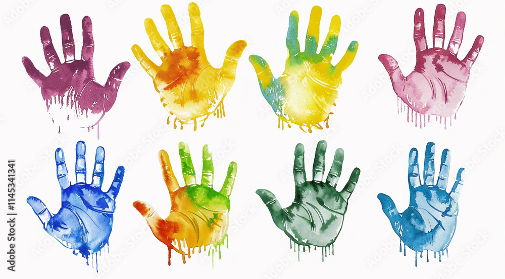 Fototapeta premium Set colorful hand print, paint watercolor isolated on white, clipping
