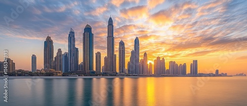 The skyline at sunset, a breathtaking cityscape embodying modern architecture and bustling city life