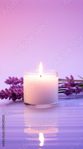 SPA, Zen, white candle in water, lavender gradient effect, transparent, bright colors, minimalist 