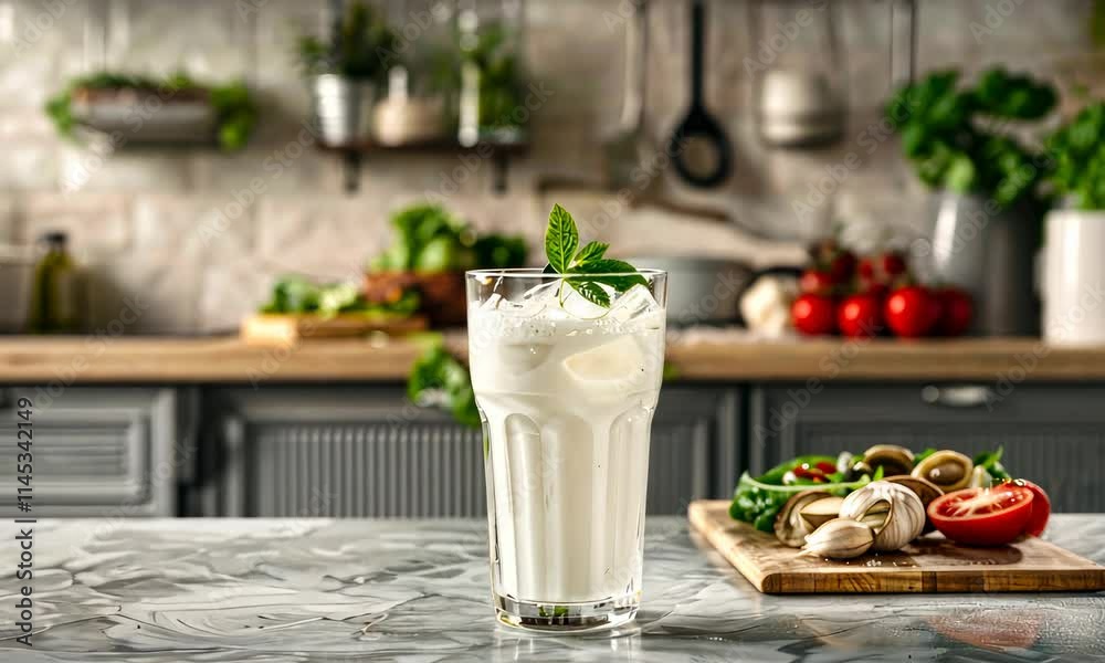 Refreshing white drink with mint leaves in kitchen setting near vegetables Refreshing white drink with mint leaves in kitchen setting near vegetables