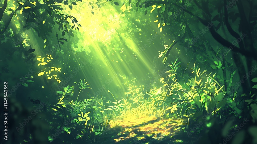 Obraz premium A vibrant morning scene with sunlight cascading through emerald green leaves in a quiet forest 