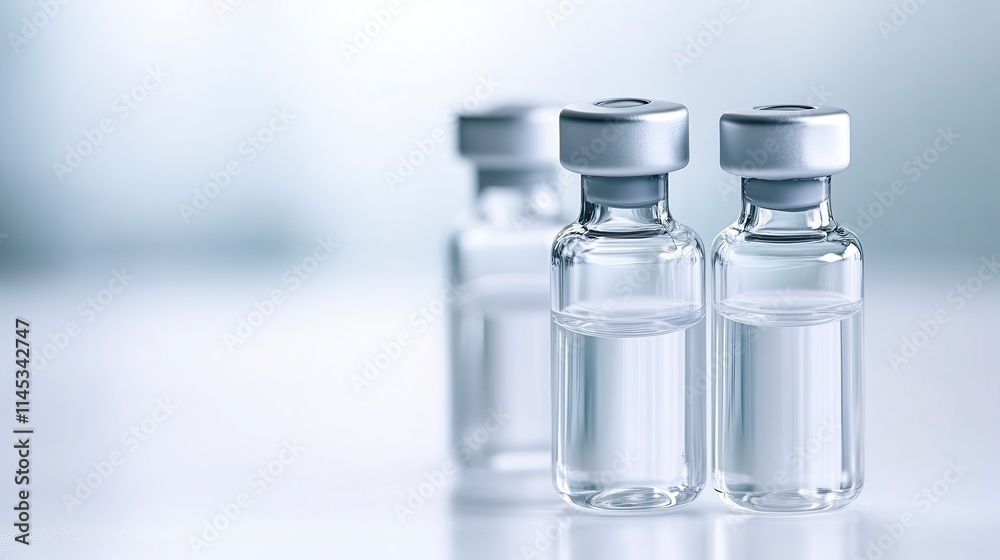Three clear glass vials filled with liquid, featuring silver caps, set against a softly blurred background. Three clear glass vials filled with liquid, featuring silver caps, set against a softly blurred background.