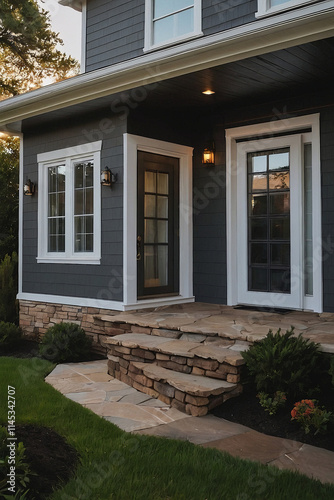 Exterior of a dark gray house with white-trimmed windows and doors.  Stone steps lead to a porch with a glass door and a large window. Landscaping includes grass and low shrubs.