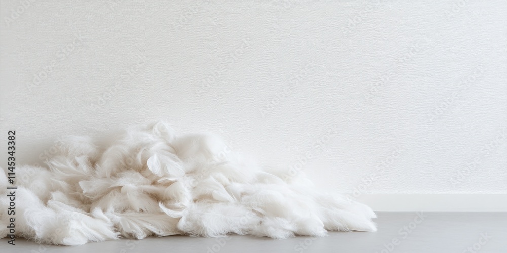 A generous pile of pure white eiderdown feathers sits loosely on a plain light surface showcasing its soft texture. The composition offers plenty of space for creative text placement or branding