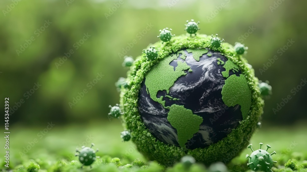 A vibrant, green globe surrounded by lush vegetation symbolizes environmental health and sustainability.