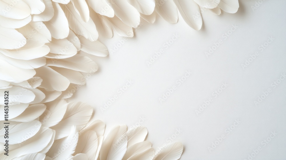 Eiderdown feathers are elegantly arranged in a circular pattern against a pale backdrop offering a minimalistic look that enhances any decorative or design element Eiderdown feathers are elegantly arranged in a circular pattern against a pale backdrop offering a minimalistic look that enhances any decorative or design element