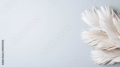 A circular arrangement of eiderdown feathers creates a soft elegant look against a pale background. The ample blank space in the center enhances the minimalistic design inviting contemplation