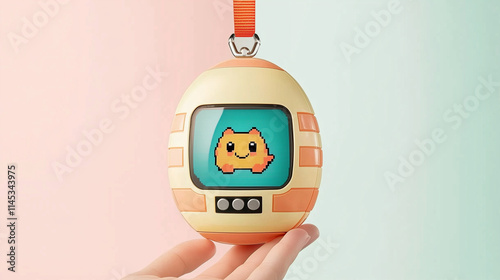 A retro digital pet toy with orange accents and a pixelated character displayed on the screen, held above a pastel background, evoking playful 1990s nostalgia and charming design. photo