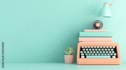 A pastel orange typewriter, stacked books, a mint green lamp, a succulent plant, and a vintage fan arranged on a matching green surface, creating a clean retro-themed workspace aesthetic. photo