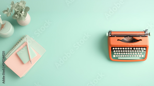 A bright, flat-lay view of a vintage orange typewriter, pastel notebooks, and a pen, arranged on a mint green surface, evoking a creative and nostalgic retro office aesthetic. photo