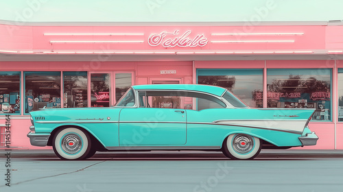 A stunning turquoise 1950s car with chrome details parked by a pink retro diner, illuminated with neon signage and capturing a nostalgic atmosphere of midcentury elegance and vibrant design. photo