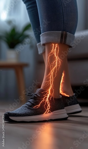 Depiction of nerve pain and fatigue: a person with exhausted legs, showing physical strain of nerve pain, focusing on discomfort and heaviness that comes with persistent aching in the lower body.